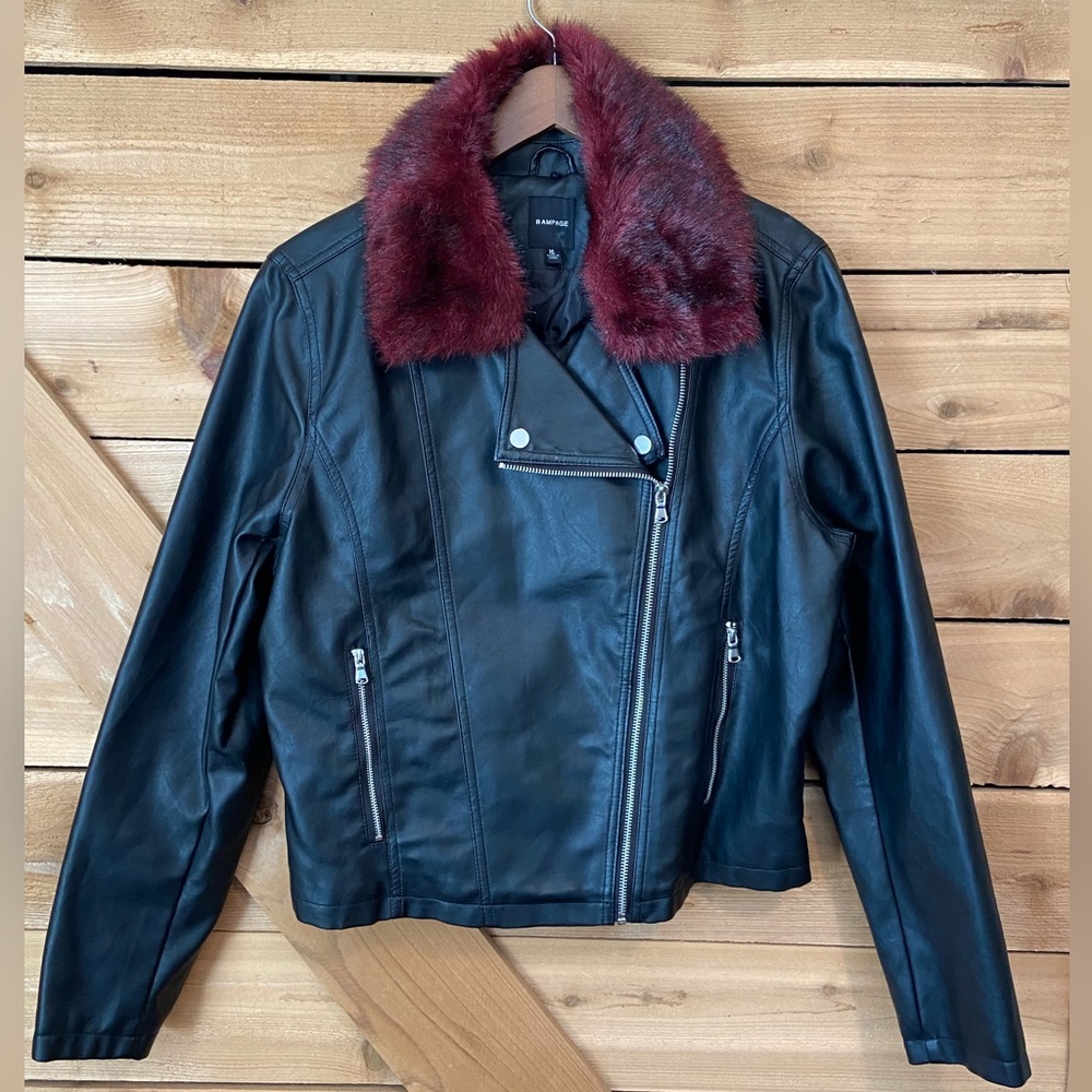 Rampage Black Faux Leather Moto Jacket with Removable Red Fur Collar